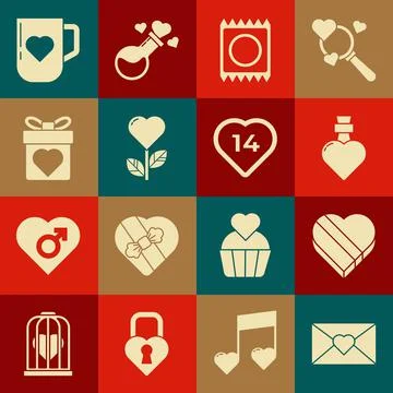 Set Envelope with Valentine heart, Candy shaped box, Bottle love potion, Condom Stock-Illustration