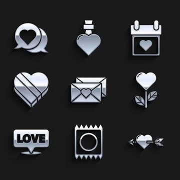 Set Envelope with Valentine heart, Condom package, Amour and arrow, Heart shape Stock Illustration