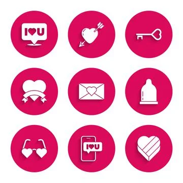Set Envelope with Valentine heart, Mobile, Candy shaped box, Condom, Heart love Stock-Illustration