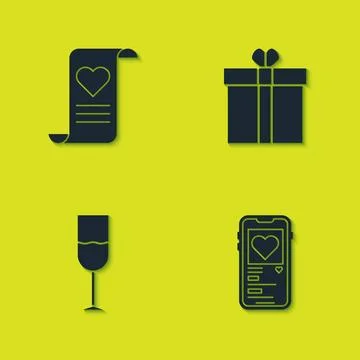 Set Envelope with Valentine heart, Mobile, Wine glass and Gift box and icon.  库存插图