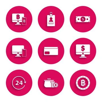 Set Envelope, Wallet with coins, Cryptocurrency Bitcoin, Computer monitor d.. Stock Illustration