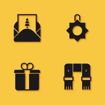 Set Envelope, Winter scarf, Gift box and Christmas toy icon with long shadow. Stock Illustration