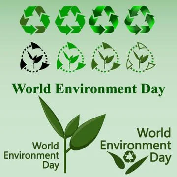 Set of environmental icons in different versions and plants world earth day Stock Illustration