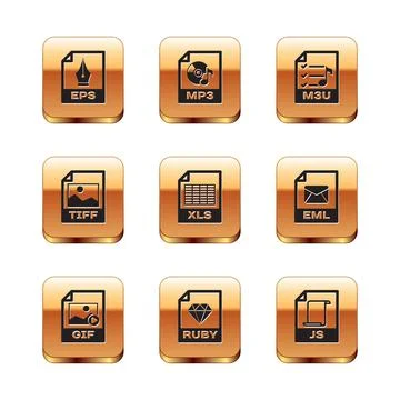 Set EPS file document, GIF, RUBY, XLS, TIFF and M3U icon. Vector Illustrazione stock