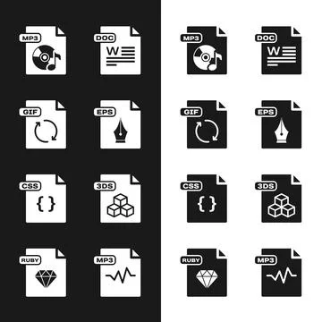 Set EPS file document, GIF, MP3, DOC, CSS, 3DS,  and RUBY icon. Vector Illustration