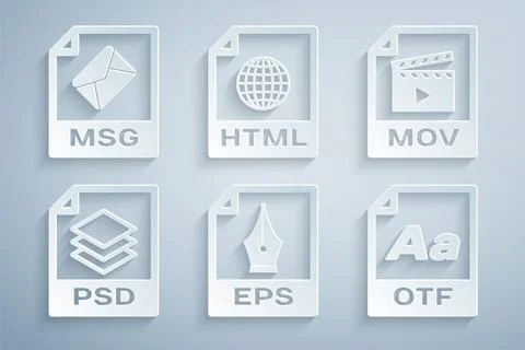 Set EPS file document, MOV, PSD, OTF, HTML and MSG icon. Vector Stock Illustration