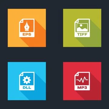 Set EPS file document, TIFF, DLL and MP3 icon. Vector 库存插图