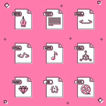 Set EPS file document, TXT, XML, HTML, MP3, OBJ, RUBY and JS icon. Vector Stock Illustration