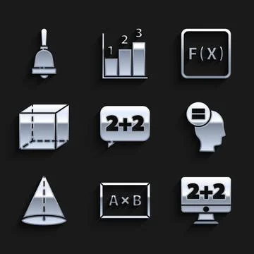Set Equation solution, Chalkboard, Calculation, Geometric figure Cone, Cube.. Stock Illustration
