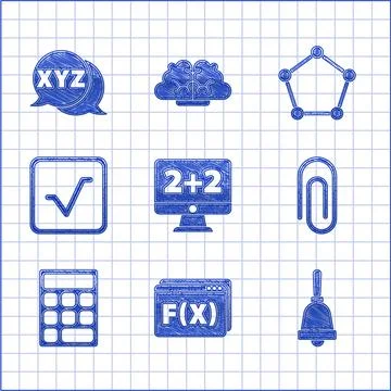 Set Equation solution, Function mathematical symbol, Ringing bell, Paper clip Stock Illustration