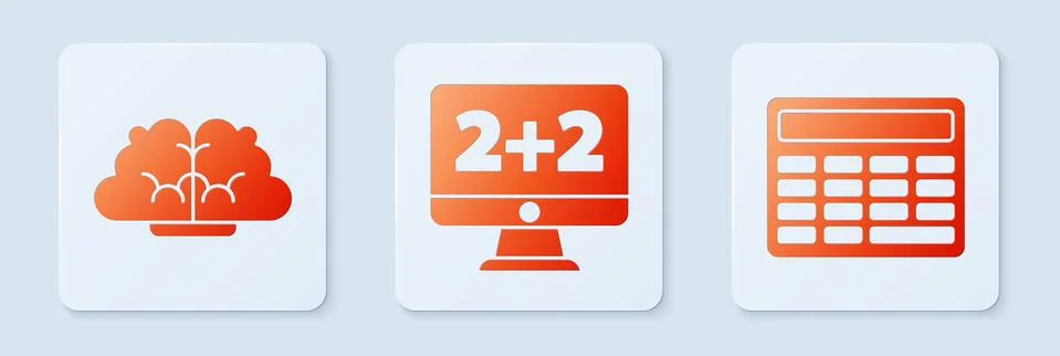 Set Equation solution, Human brain and Calculator. White square button. Vector Stock Illustration