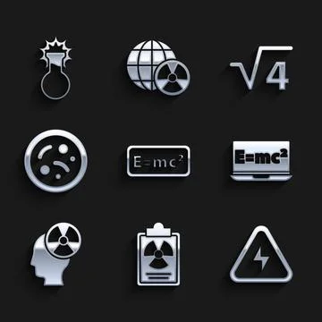 Set Equation solution, Radiation warning document, High voltage, Head and Illustrazione stock
