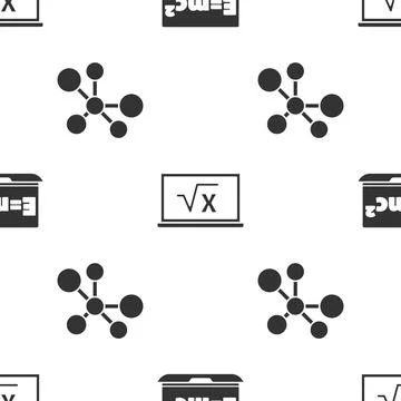 Set Equation solution, Square root of x glyph and Molecule on seamless pattern Stock Illustration
