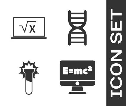 Set Equation solution, Square root of x glyph, Test tube and flask and DNA sy Stock Illustration