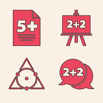 Set Equation solution, Test or exam sheet, Chalkboard and Triangle math icon Stock Illustration