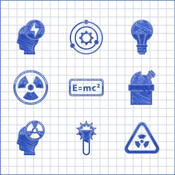 Set Equation solution, Test tube and flask, Triangle with radiation Stock Illustration