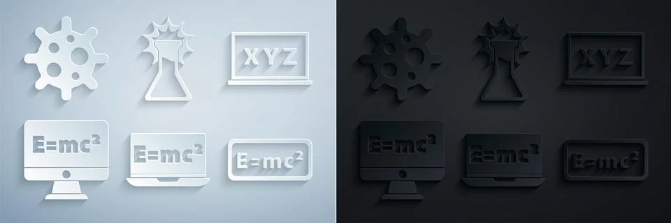 Set Equation solution, XYZ Coordinate system, Test tube and flask and Virus icon Stock Illustration
