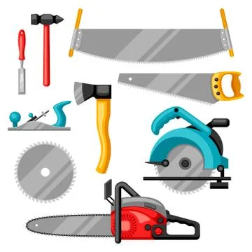 Set of equipment and tools for forestry and lumber industry Stock Illustration