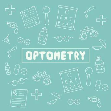 Set equipments for optometry. Doodle banner with vision examination tools. Stock Illustration