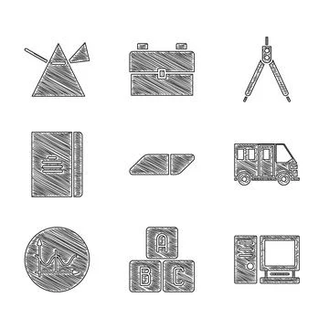 Set Eraser or rubber, ABC blocks, Computer monitor, School Bus, Graph, schedule Stock Illustration