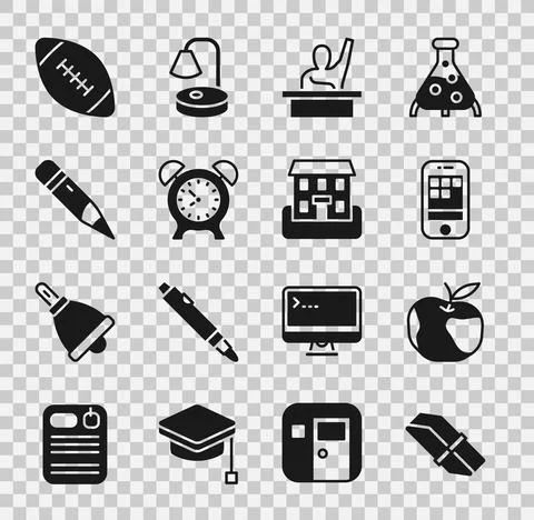 Set Eraser or rubber, Apple, Smartphone, Male kid raising hand, Alarm clock Illustrazione stock