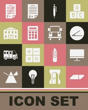 Set Eraser or rubber, Computer monitor screen, Acute angle, Pen, Calculator,  Stock Illustration