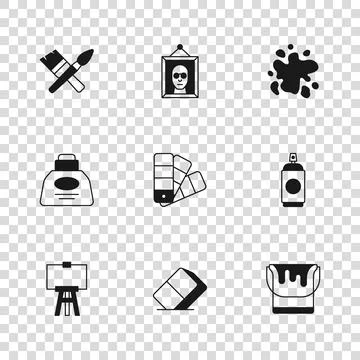 Set Eraser or rubber, Paint spray can, bucket, Color palette guide, brush, .. Stock-Illustration