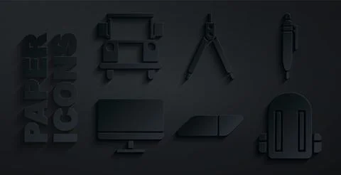 Set Eraser or rubber, Pen, Computer monitor screen, School backpack, Drawing Stock Illustration