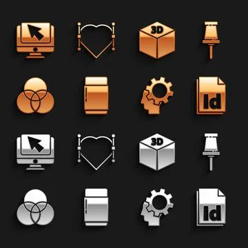 Set Eraser or rubber, Push pin, ID File document, Human head with gear inside Illustrazione stock