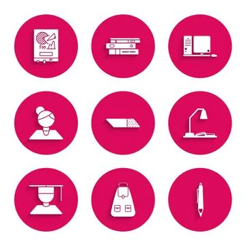 Set Eraser or rubber, School backpack, Pen, Workplace with table lamp and open Stock Illustration