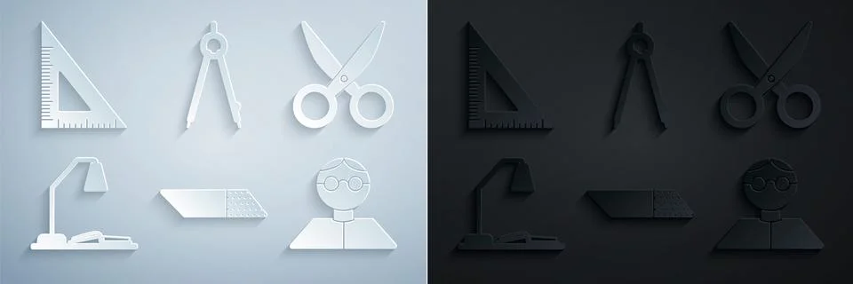 Set Eraser or rubber, Scissors, Workplace with table lamp and open book, Student Illustrazione stock