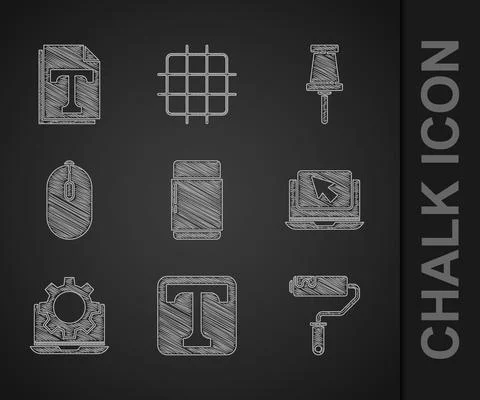 Set Eraser or rubber, Text, Paint roller brush, Laptop and cursor, gear Stock Illustration