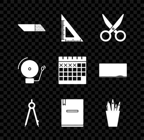 Set Eraser or rubber, Triangular ruler, Scissors, Drawing compass, Notebook Stock Illustration