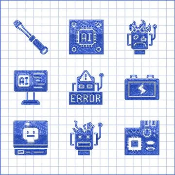 Set Error in robot, Broken, Motherboard digital chip, Battery, Robot, Software Ilustración de archivo