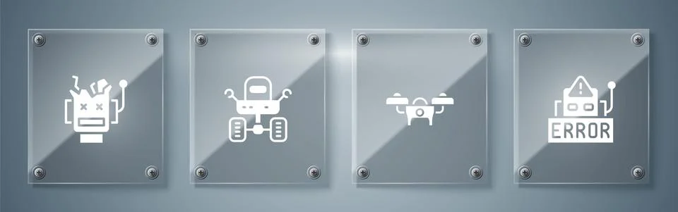 Set Error in robot, Drone, Mars rover and Broken. Square glass panels. Vector Stock Illustration