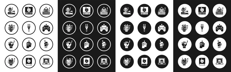 Set Error in robot, Electric plug, Robot burned out, humanoid driving a car 스톡 일러스트