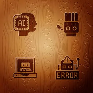 Set Error in robot, Humanoid, Creating and Mechanical hand on wooden background Stock Illustration