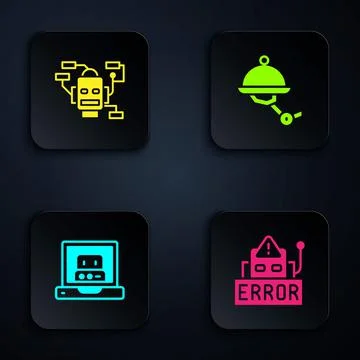 Set Error in robot, Robot, Creating and Waiter. Black square button. Vector イラスト素材