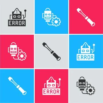 Set Error in robot, Robot setting and Screwdriver icon. Vector Illustrazione stock