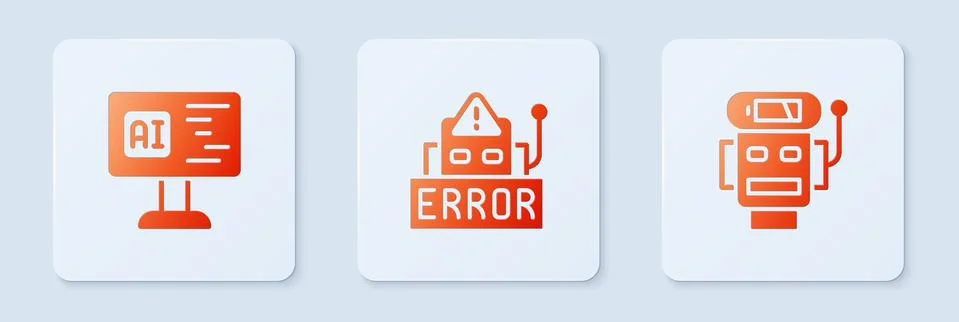 Set Error in robot, Software and Robot low battery charge. White square button Stock Illustration