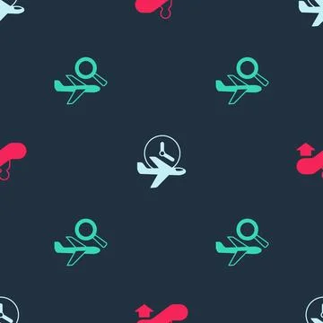 Set Escalator down, Flight time and Airplane search on seamless pattern. Vect Stock Illustration