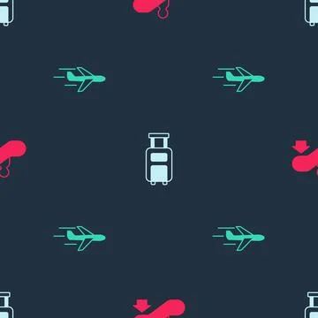 Set Escalator up, Suitcase and Plane on seamless pattern. Vector Stock Illustration