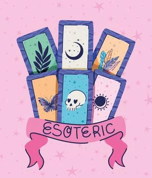 Set of esoteric cards and esoteric lettering in a ribbon on a pink background Stock Illustration