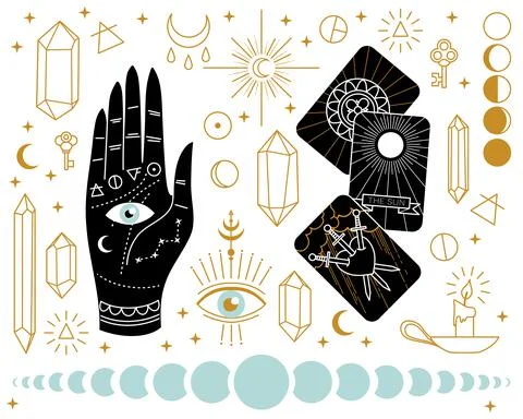 Set of esoteric items with hand and tarot cards Иллюстрация