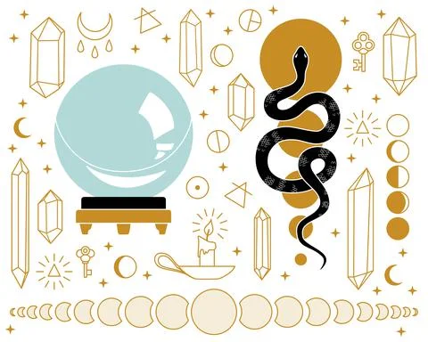 Set of esoteric items with snake and crystal ball Иллюстрация