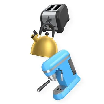 Set of espresso machine, yellow kettle, and grey toaster isolated on white Stock Illustration