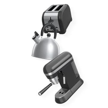 Set of espresso machine, yellow kettle, and grey toaster isolated on white .. Stock Illustration