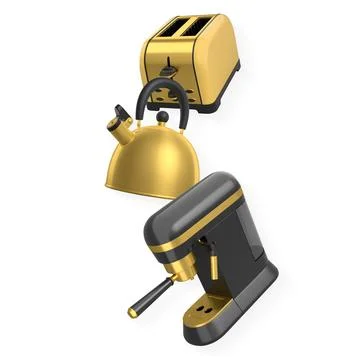 Set of espresso machine, yellow kettle, and grey toaster isolated on white .. Stock Illustration