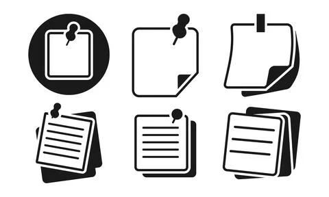 Set of Essential Monochrome Sticky Note and Pushpin Icons for Reminders and.. Stock Illustration