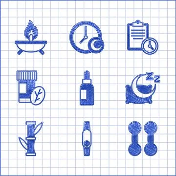 Set Essential oil bottle, Smartwatch, Dumbbell, Time to sleep, Bamboo, Vita.. Stock Illustration